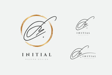 Poster - M logo. Initials letter me in gold circle. Initial signature. Design fashion handwriting monogram. Handwritten identity name. Abstract paintbrush write font. Brush writing script. Vector illustration