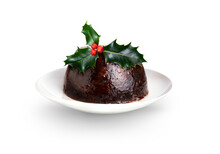 A Traditional Festive Fruit Christmas Steamed Pudding With Holly On The Top Isolated Against A Transparent Background.
