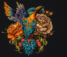 Beautiful Tropical Bird In Exotic Flowers In Vintage Style, Hummingbirds On Dark Background. Tattoo Style. Digital Illustration For T Shirt, Prints, Posters, Postcards, Stickers,	Tattoo