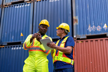 2 engineer working in container storage yard use digital tablet check quantity prepare to delivery