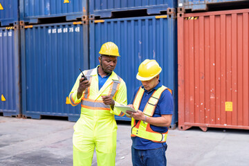 2 engineer working in container storage yard use digital tablet check quantity prepare to delivery