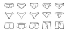 Underpants Outline Sketch Set. Female And Male Underpants. Personal Underclothing Apparel. Classic Boxers, Trunks, Bikini, Strings, Thong.