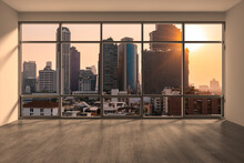 Empty Room Interior Skyscrapers View Bangkok. Downtown City Skyline Buildings From High Rise Window. Beautiful Expensive Real Estate Overlooking. Sunset. 3d Rendering.