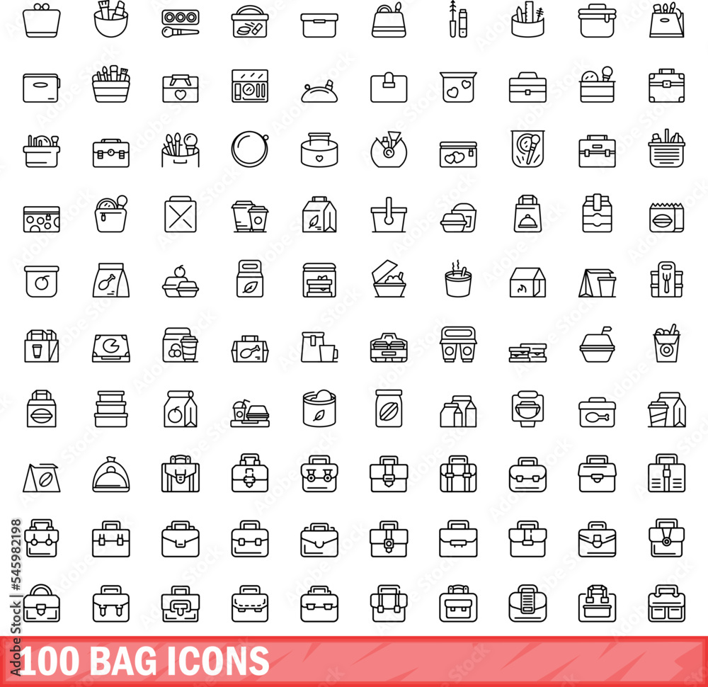100 bag icons set. Outline illustration of 100 bag icons vector set isolated on white background