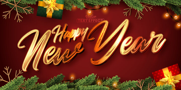 Happy new year text effect, editable shiny gold christmas text style