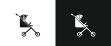 Baby Stroller Flat Icon For Web. Simple Baby Stroller Sign Web Icon Silhouette With Invert Color. Minimalist Children, Toddler Baby Stroller Solid Black Icon Emblem Vector Design. Side View