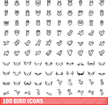100 Bird Icons Set. Outline Illustration Of 100 Bird Icons Vector Set Isolated On White Background