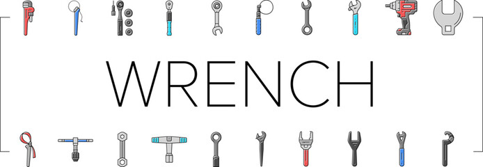 wrench tool spanner repair icons set vector