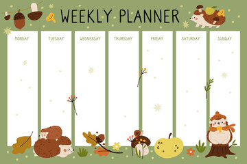 cute hedgehogs lesson schedule. funny kids weekly planner. wildlife characters. forest animals. scho
