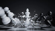 3d Animation, Chess Game Battle, White King Chess Piece Jumps Down, Aggressive Attack, All Pawns Fall Down. Successful Strategy, Champion Metaphor, Leadership Concept