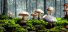 A Group Of Mushrooms Sitting On Top Of A Moss Covered Forest, Sensational Background Wallpaper. Digital Cg Artwork.