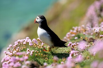 Sticker - Cute Atlantic puffin (Fratercula arctica) resting on a sunny day on the blurred sea background