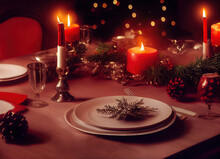 Table With Plates And Candles Christmas Decoration