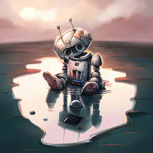 Broken Robot Sitting In A Puddle
