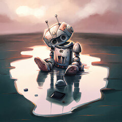 broken robot sitting in a puddle