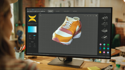 Poster - Female Footwear Designer Creating and Rendering 3d Model of Shoe. Working on Powerful Desktop Computer in Creative Space. Sneaker Production Process Concept. Over the Shoulder.