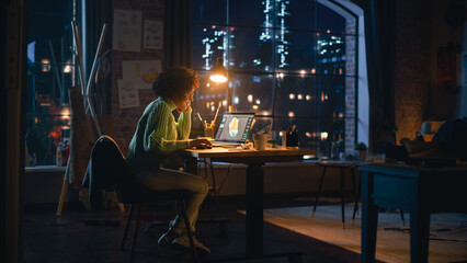 Poster - Hispanic Female Designer Changes Colour of 3d Model of the Shoe, Creating Footwear Design on her Laptop Computer in the Evening. Girl Working Remotely. Graphic Designer Concept.
