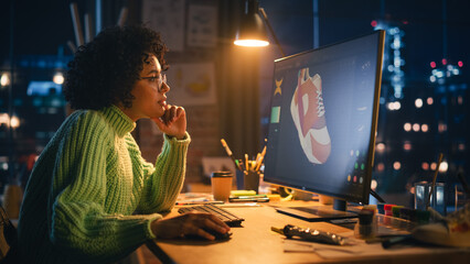 Poster - Black Female Art Director Reviewing 3d Model of Shoe, Working on Powerful Desktop Computer at Home. Artist Girl Making Visualisation in Special Software. Graphic Designer Concept.