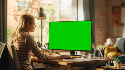 Poster - Focused Female Fashion Designer Using Keyboard and Modelling on Desktop Computer with Green Screen Chroma Key Monitor. Modern Successful Freelancer at Remote Work Concept.