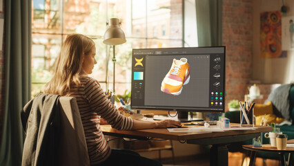 Poster - Teenage Female Footwear Designer Rotates 3d Model of Shoe and Changes Colours on It. Working on Desktop Computer in Creative Space. Fashionable Sneakers Production Process Concept.