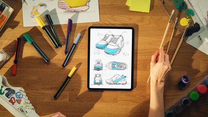 Leinwandbilder - Top View Of Female Footwear Designer Drawing Sketch of Sneakers on Tablet Computer from Upcoming Collection. Talented Woman Picking Up Paint Brush From the Desk. Shoe Design Process Concept.