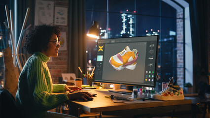 Poster - Multiracial Female Designer Comes Up with Design of Sneakers by Creating a Model It in the Software for 3d Visualisation. Talented Black Woman Preparing Fashionable Footwear for New Season.