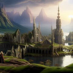 Poster - Fantasy city scene detailed 3d render illustration