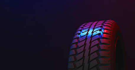 Wall Mural - New car tire profile. Tire tread. Car wheel. Black rubber automotive tire. Auto service concept, changing wheels. Tire shop. Public transport. Motor sports, 3D Rendering.