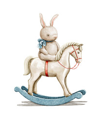  Watercolor vintage cute toy rocking horse animal with plush grey rabbit in blue bow isolated on white background. Hand drawn illustration sketch
