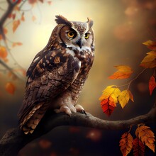 Stunning Photorealistic Illustration Of Cute Owl Sitting On The Branch Of Autumn Tree. Ai Generated Illustration