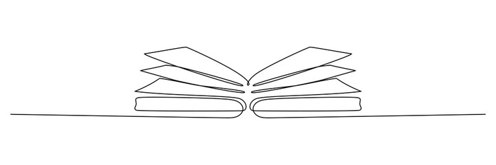 Poster - Book continuous one line art. Line drawing open book. School education concept. Vector illustration isolated on white.