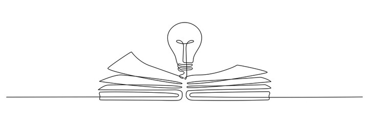 Poster - Light bulb above book continuous one line art drawing. Line drawing open book with lamp idea symbol. School education concept. Vector illustration isolated on white.