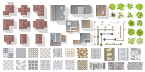 Wall Mural - set of architectural and landscape elements top view. kit. collection of houses, plants, garden, tre