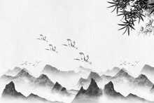 China's Traditional Chinese Painting Ink In The Mountains. Hand Drawn Watercolor Mountain Landscape. Watercolor Forest Winter Landscapes. 
