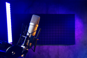 Close up of professional microphone in recording studio