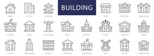 Building Thin Line Icons Set. Building, House, Hospital, Office, School, Bank, Church, Hotel Editable Stroke Icon. Vector Illustration