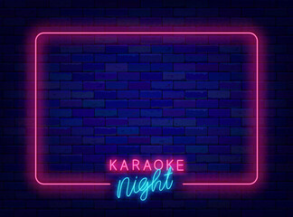Wall Mural - Karaoke night neon advertising template. Music bar and talent show. Glowing poster. Vector stock illustration