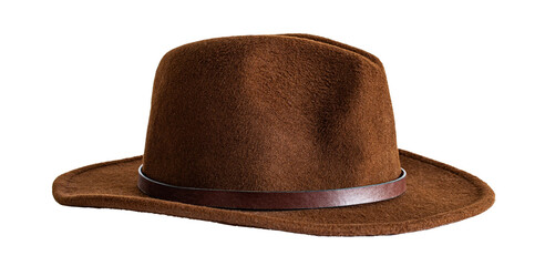 Side view of a brown leather cowboy hat isolated on blank background.