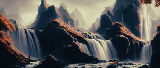 Canvas Print - Artistic concept illustration of a waterfall landscape, background illustration.