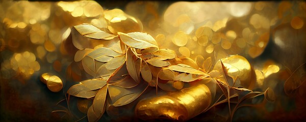 Golden leaves on an abstract bokeh background