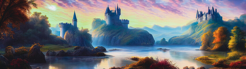 Wall Mural - Artistic concept painting of a beautiful wilderness landscape, with a picturesque castle in the background. Tender and dreamy design, background illustration.