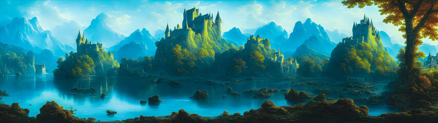 Wall Mural - Artistic concept painting of a beautiful wilderness landscape, with a picturesque castle in the background. Tender and dreamy design, background illustration.