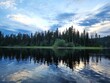 Scenic view of green pine forest reflecting on a tranquil lake in the evening
