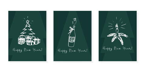 Wall Mural - Set trendy Happy New Year greeting cards ho ho ho Merry Christmas template Minimalistic design blue brown boho