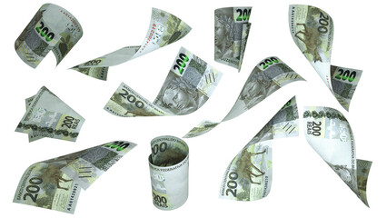 Aufkleber - 3D rendering of 200 Brazilian real notes flying in different angles and orientations isolated on white background