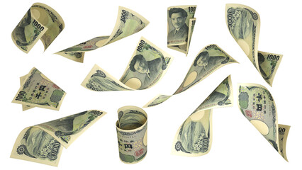Aufkleber - 3D rendering of 10000 Japanese yen notes flying in different angles and orientations isolated on white background