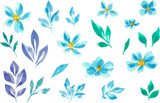 Fototapeta Pokój dzieciecy - Set of painted blue watercolor flowers. Clip art. Elements for decor. Monochrome floral set. Spring. Blue flowers. Isolated on a white background.