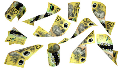 Aufkleber - 3D rendering of 50 Australian dollar notes flying in different angles and orientations isolated on white background