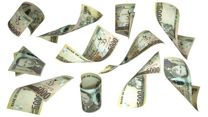 Aufkleber - 3D rendering of 5000 Jamaican dollar notes flying in different angles and orientations isolated on white background