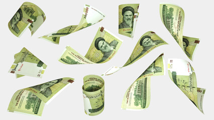 Aufkleber - 3D rendering of 100000 Iranian rial notes flying in different angles and orientations isolated on white background